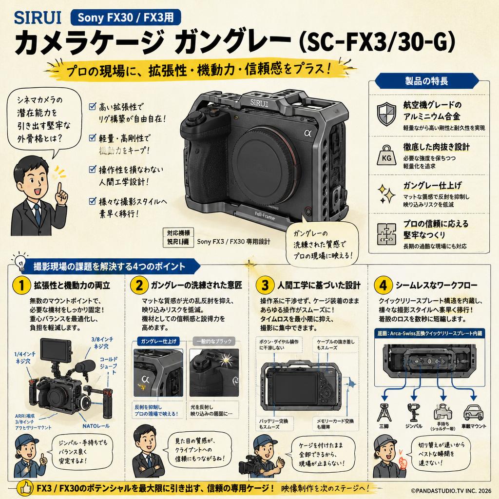 SIRUI Sony FX30 / FX3用カメラケージ ガングレー （SC-FX3/30-G） 概要