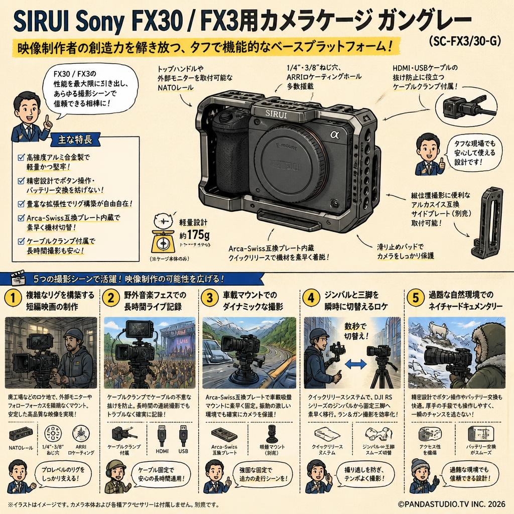 SIRUI Sony FX30 / FX3用カメラケージ ガングレー （SC-FX3/30-G） 用途