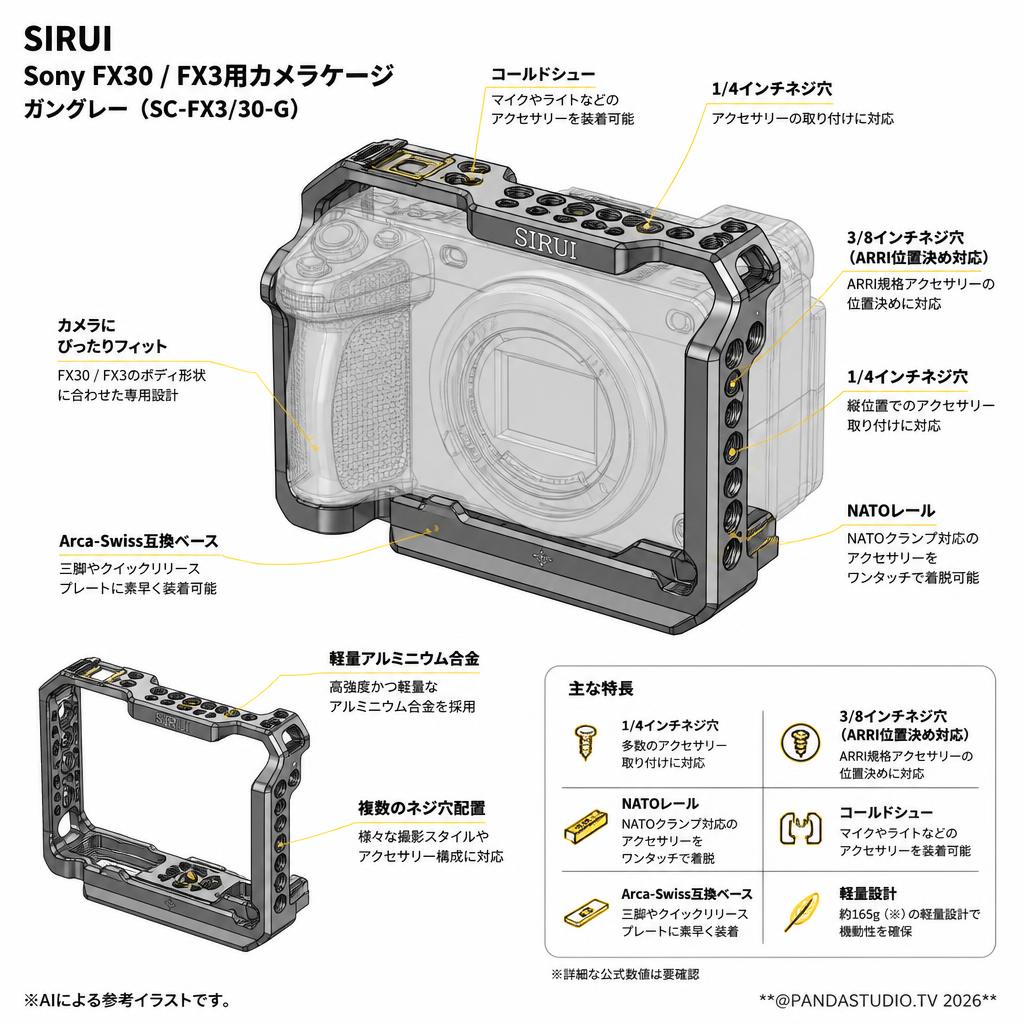 SIRUI Sony FX30 / FX3用カメラケージ ガングレー （SC-FX3/30-G） スペック