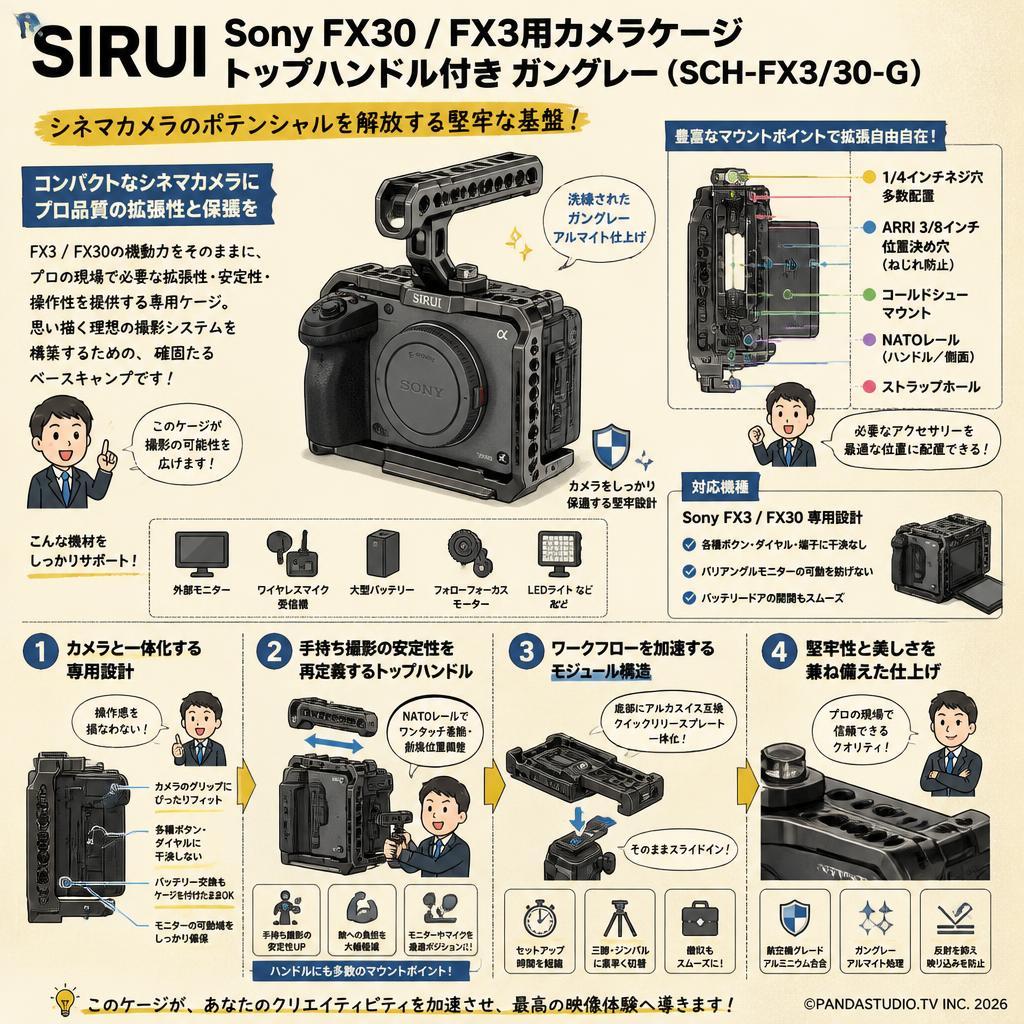 SIRUI Sony FX30 / FX3用カメラケージ トップハンドル付き ガングレー （SCH-FX3/30-G） 概要