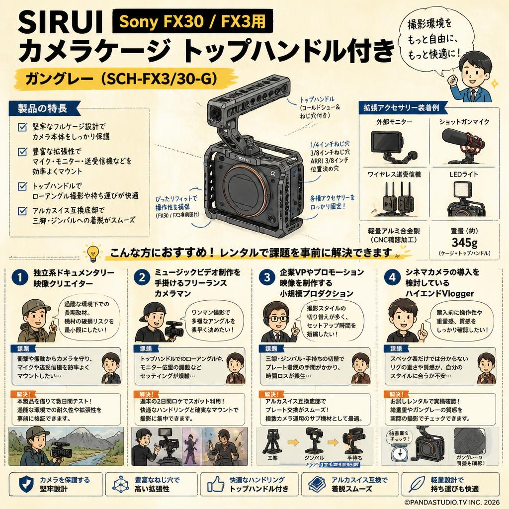 SIRUI Sony FX30 / FX3用カメラケージ トップハンドル付き ガングレー （SCH-FX3/30-G） おもな対象のお客様
