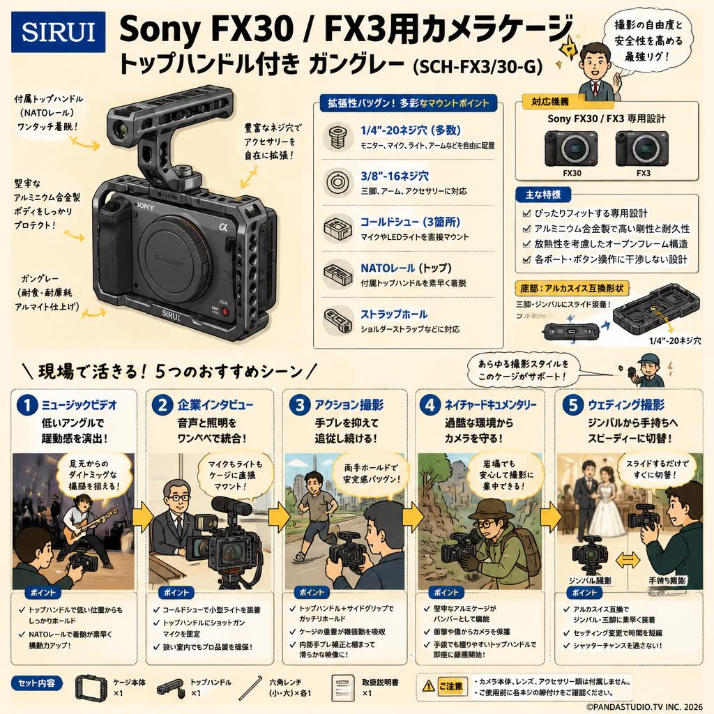 SIRUI Sony FX30 / FX3用カメラケージ トップハンドル付き ガングレー （SCH-FX3/30-G） 用途