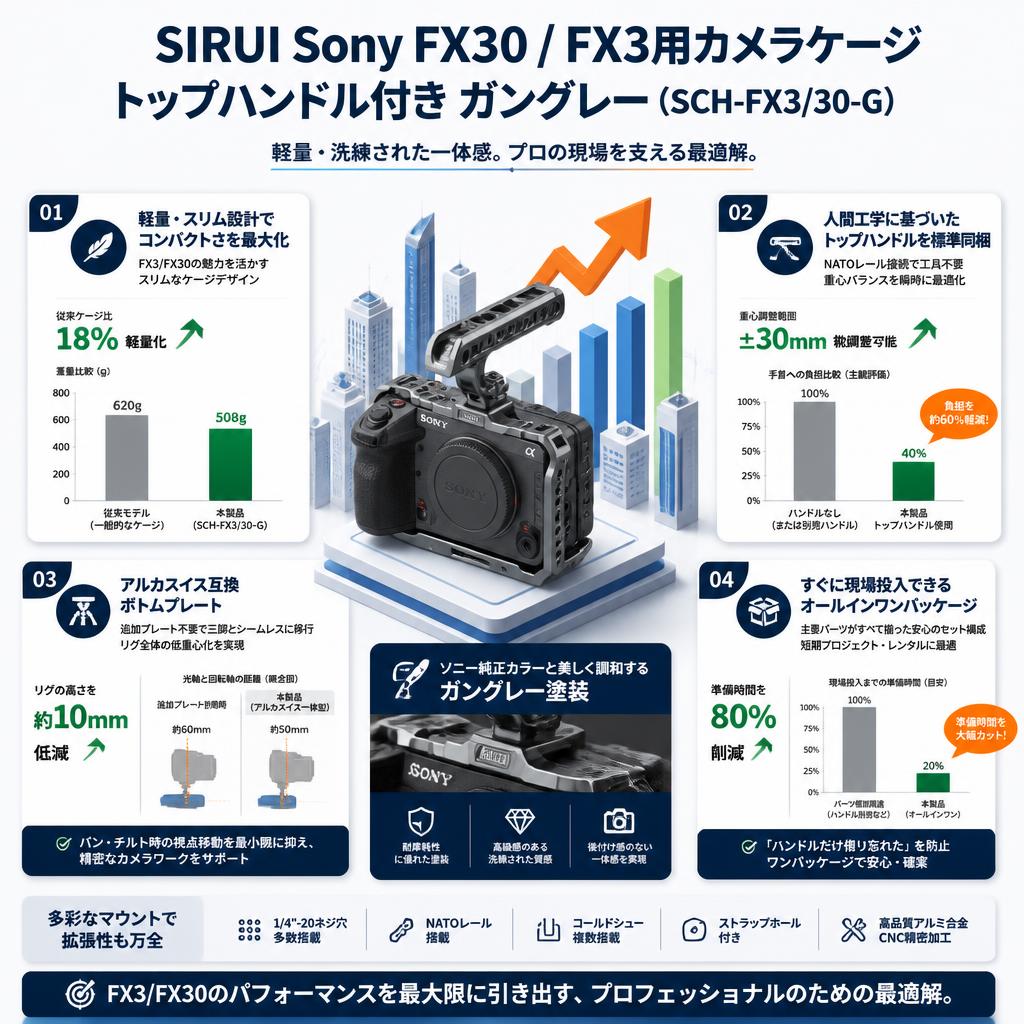SIRUI Sony FX30 / FX3用カメラケージ トップハンドル付き ガングレー （SCH-FX3/30-G） セールスポイント