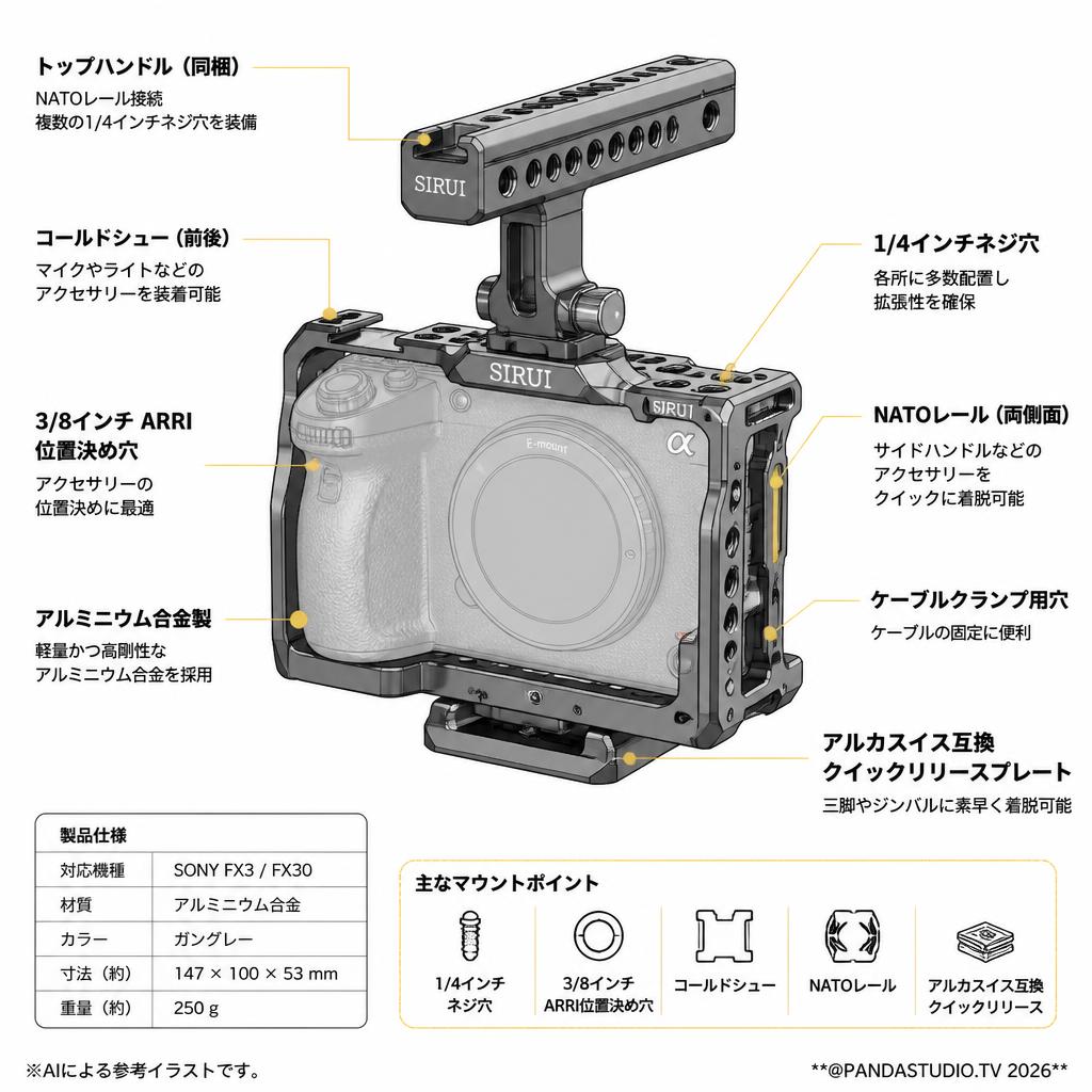 SIRUI Sony FX30 / FX3用カメラケージ トップハンドル付き ガングレー （SCH-FX3/30-G） スペック