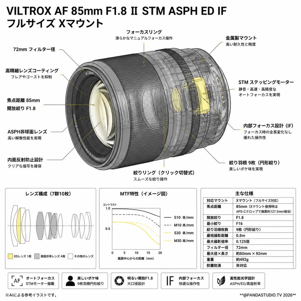 Viltrox AF 85mm F1.8 Ⅱ STM ASPH ED IF フルサイズ Xマウント スペック