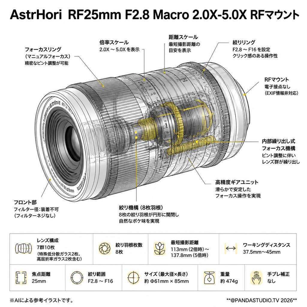AstrHori  RF25mm F2.8 Macro 2.0X-5.0X RFマウント スペック