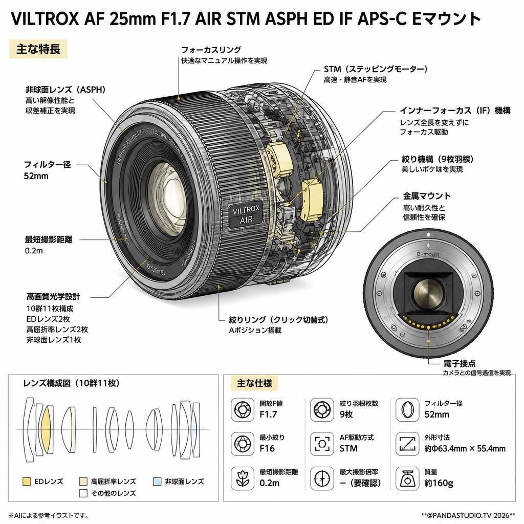 VILTROX AF 25mm F1.7 AIR STM ASPH ED IF APS-C Eマウント スペック