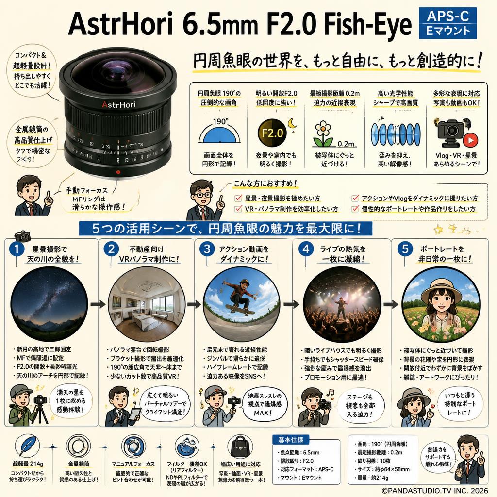 AstrHori 6.5mm F2.0 Fish-Eye APS-C Eマウント 用途