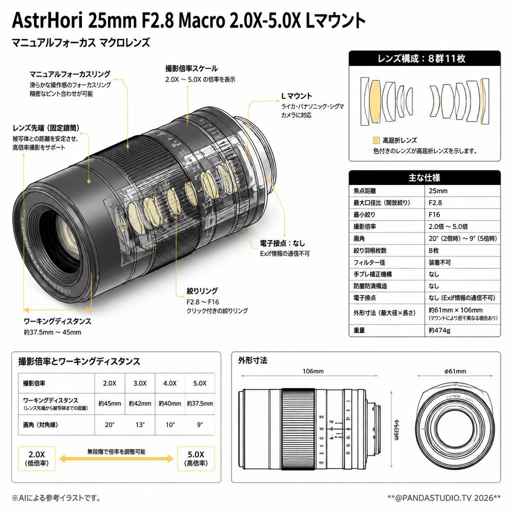 AstrHori 25mm F2.8 Macro 2.0X-5.0X Lマウント スペック