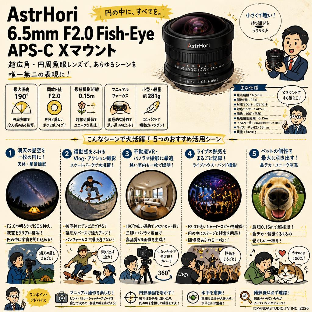 AstrHori 6.5mm F2.0 Fish-Eye APS-C Xマウント 用途
