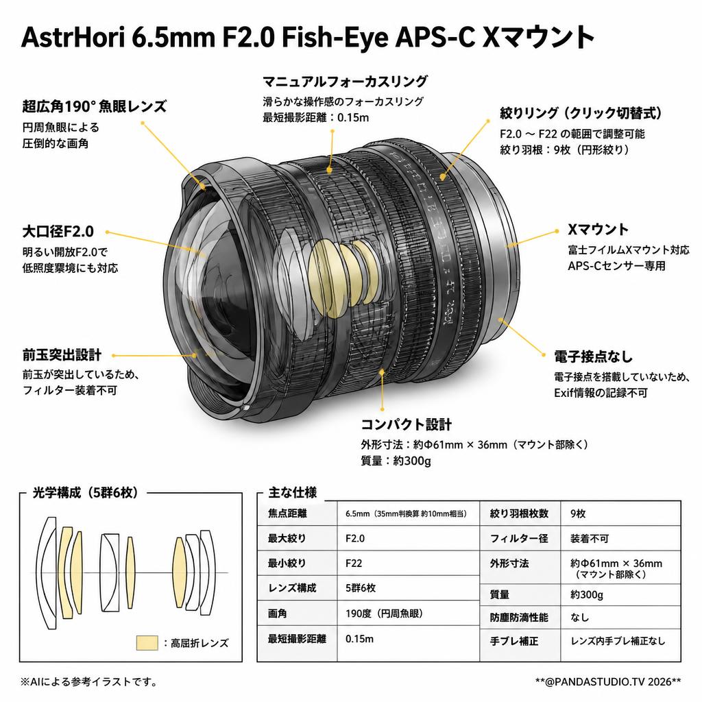 AstrHori 6.5mm F2.0 Fish-Eye APS-C Xマウント スペック