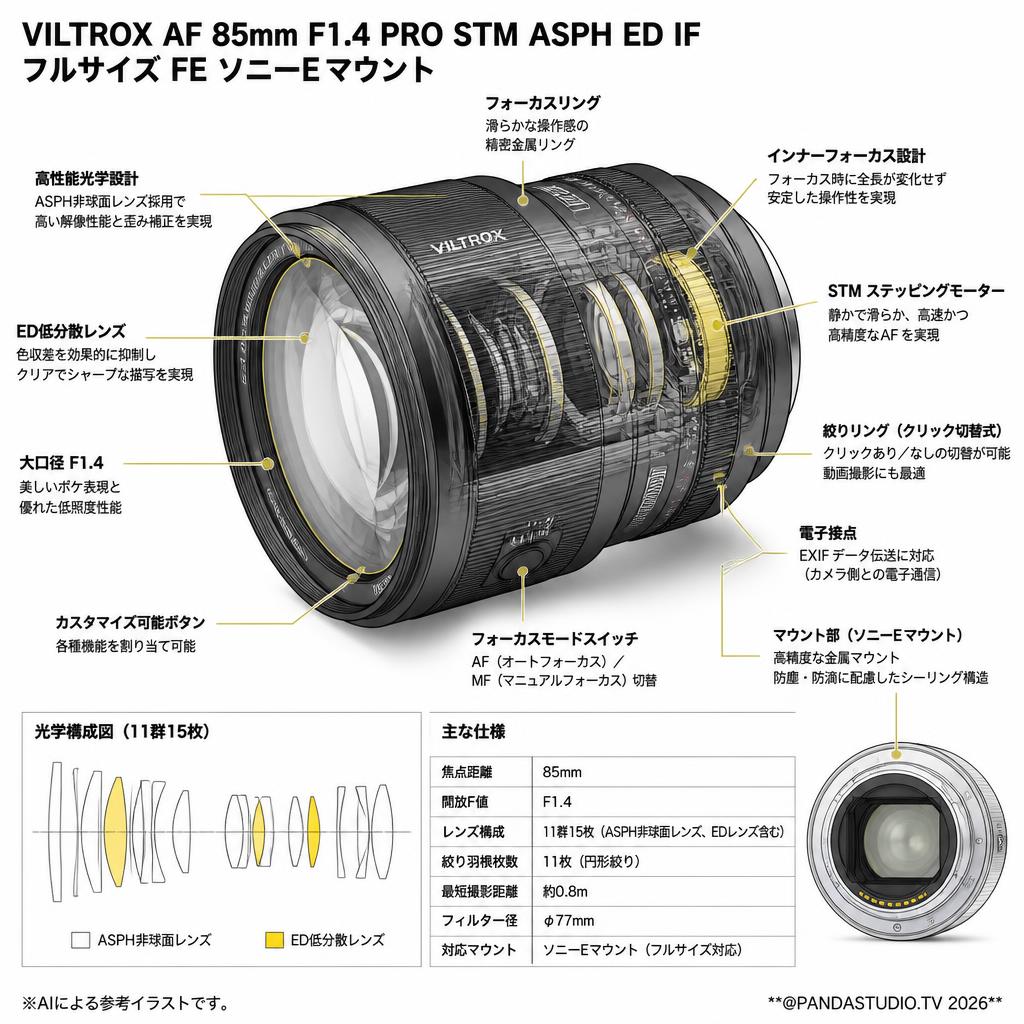 VILTROX AF 85mm F1.4 PRO STM ASPH ED IF フルサイズ FE ソニーEマウント スペック