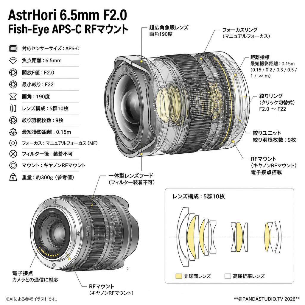 AstrHori 6.5mm F2.0 Fish-Eye APS-C RFマウント スペック
