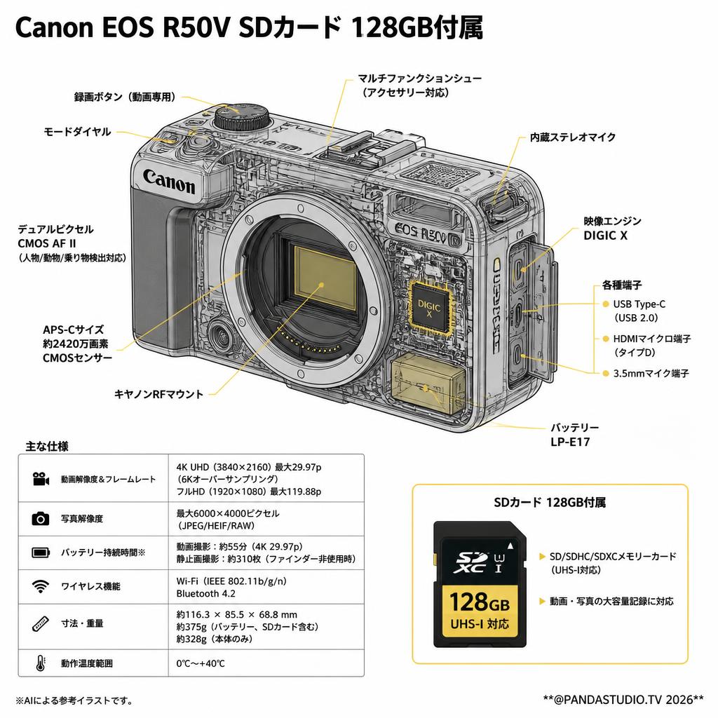 Canon EOS R50V SDカード 128GB付属 スペック