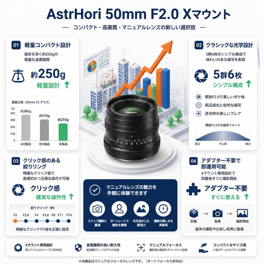 AstrHori 50mm F2.0 Xマウント セールスポイント