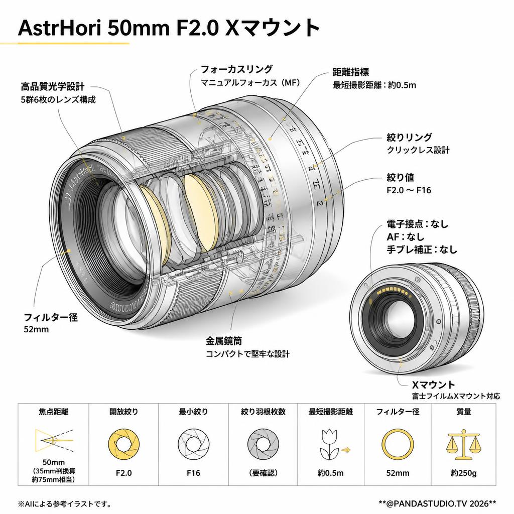 AstrHori 50mm F2.0 Xマウント スペック