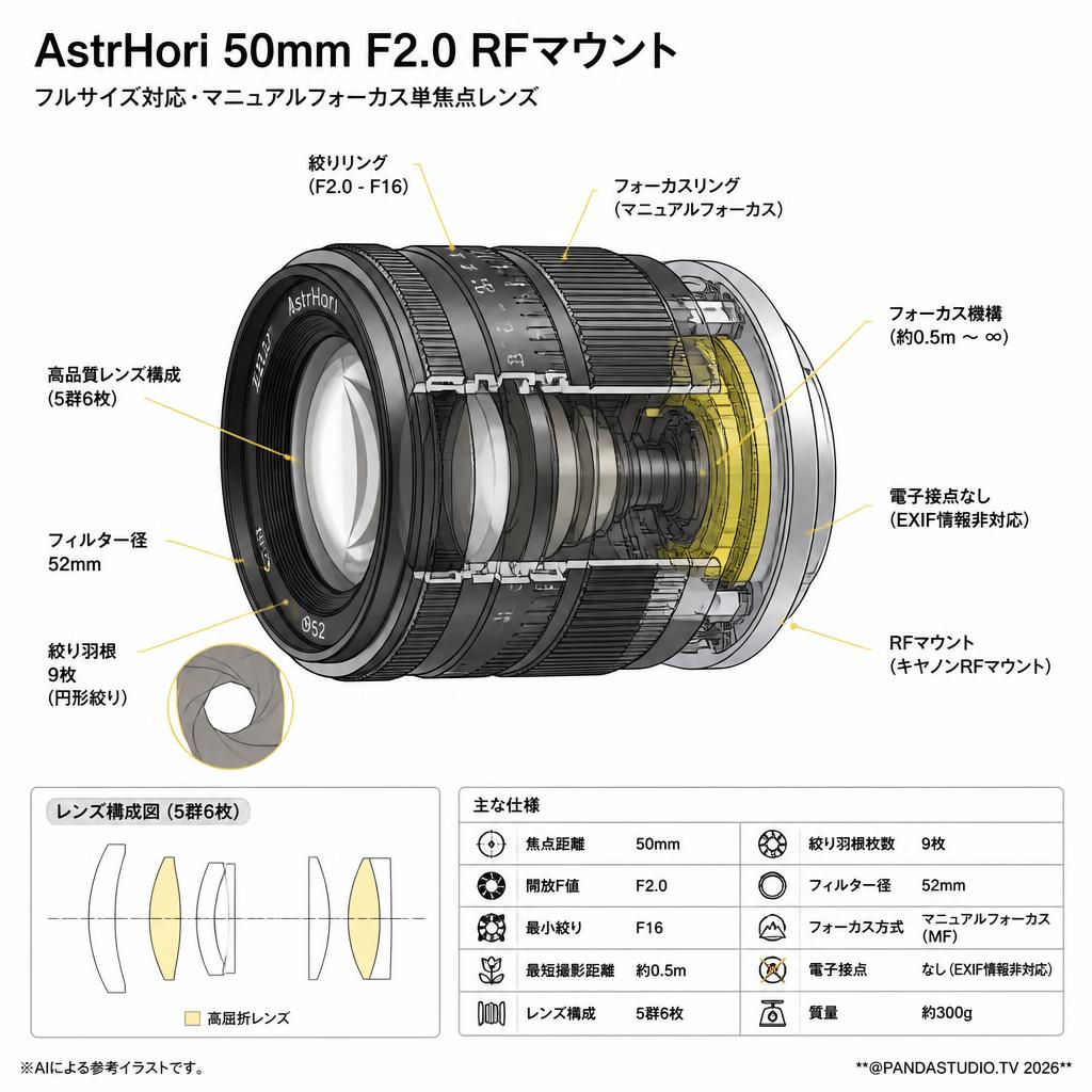 AstrHori 50mm F2.0 RFマウント スペック