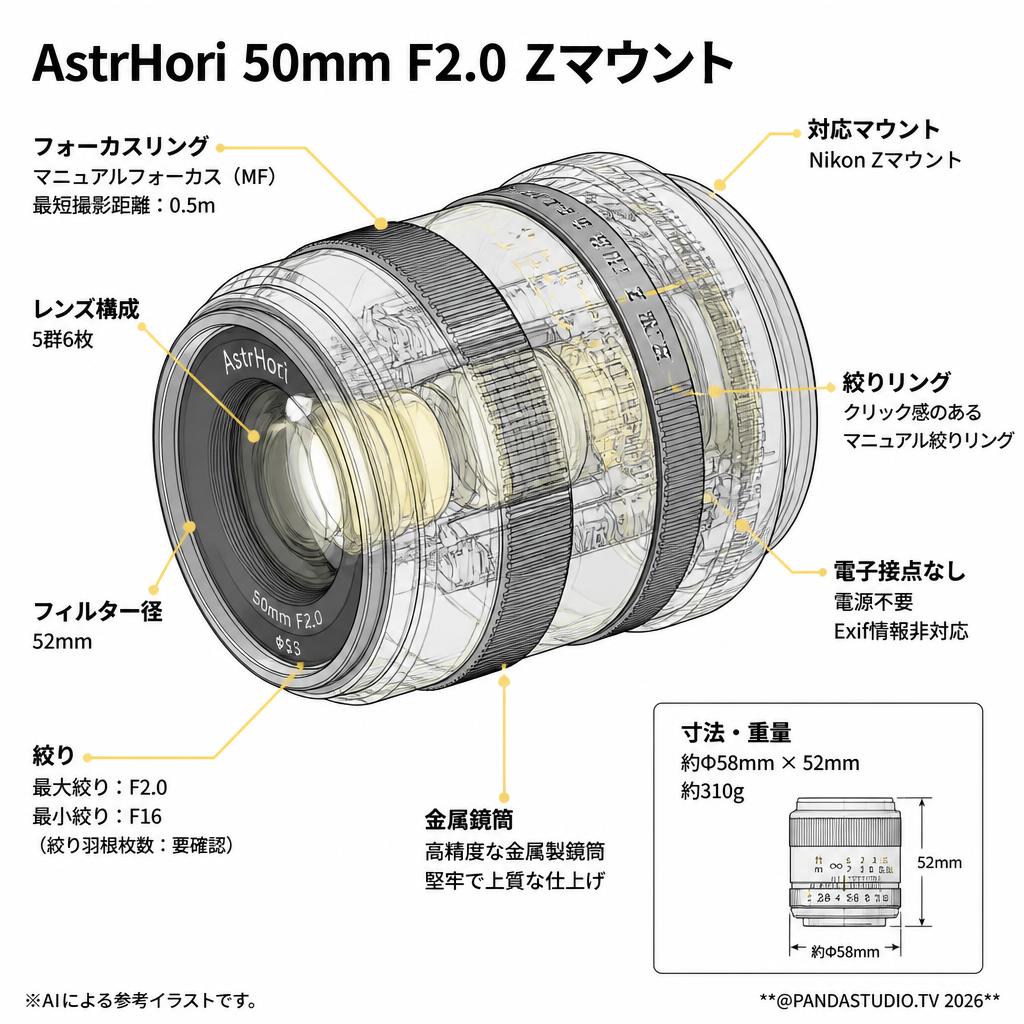 AstrHori 50mm F2.0 Zマウント スペック