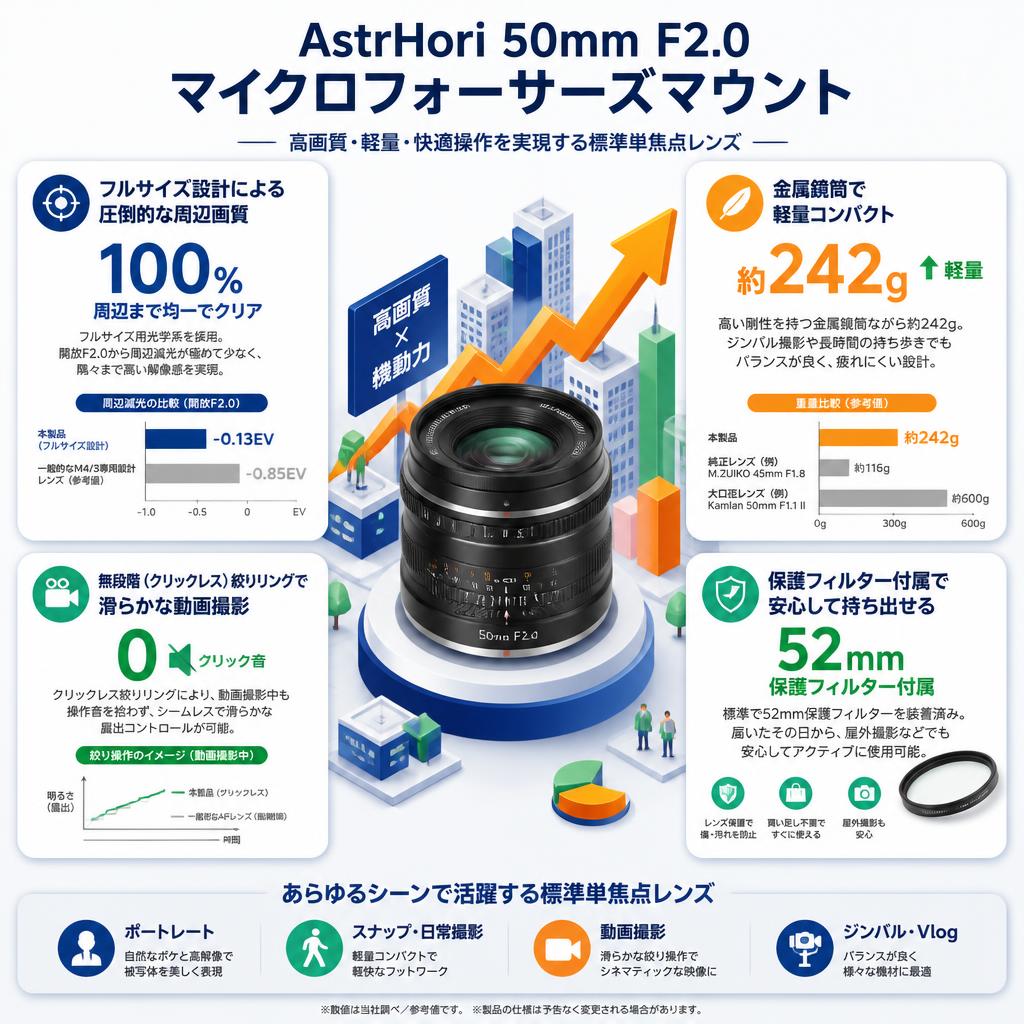 AstrHori 50mm F2.0 マイクロフォーサーズマウント セールスポイント