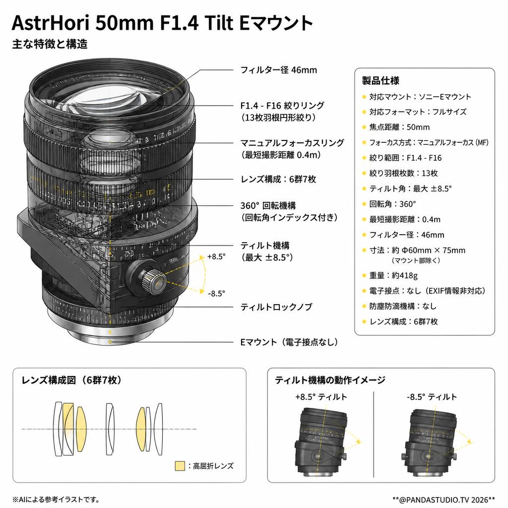 AstrHori 50mm F1.4 Tilt Eマウント スペック