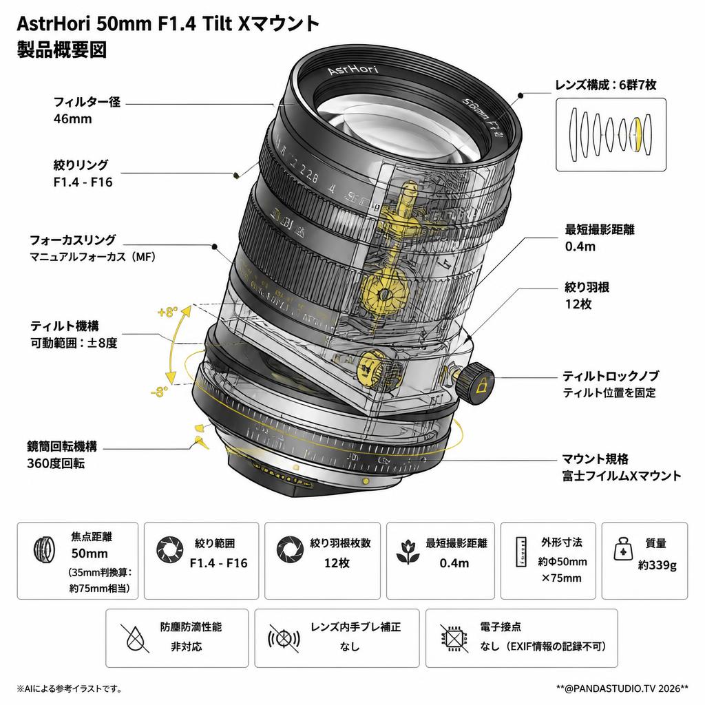 AstrHori 50mm F1.4 Tilt Xマウント スペック