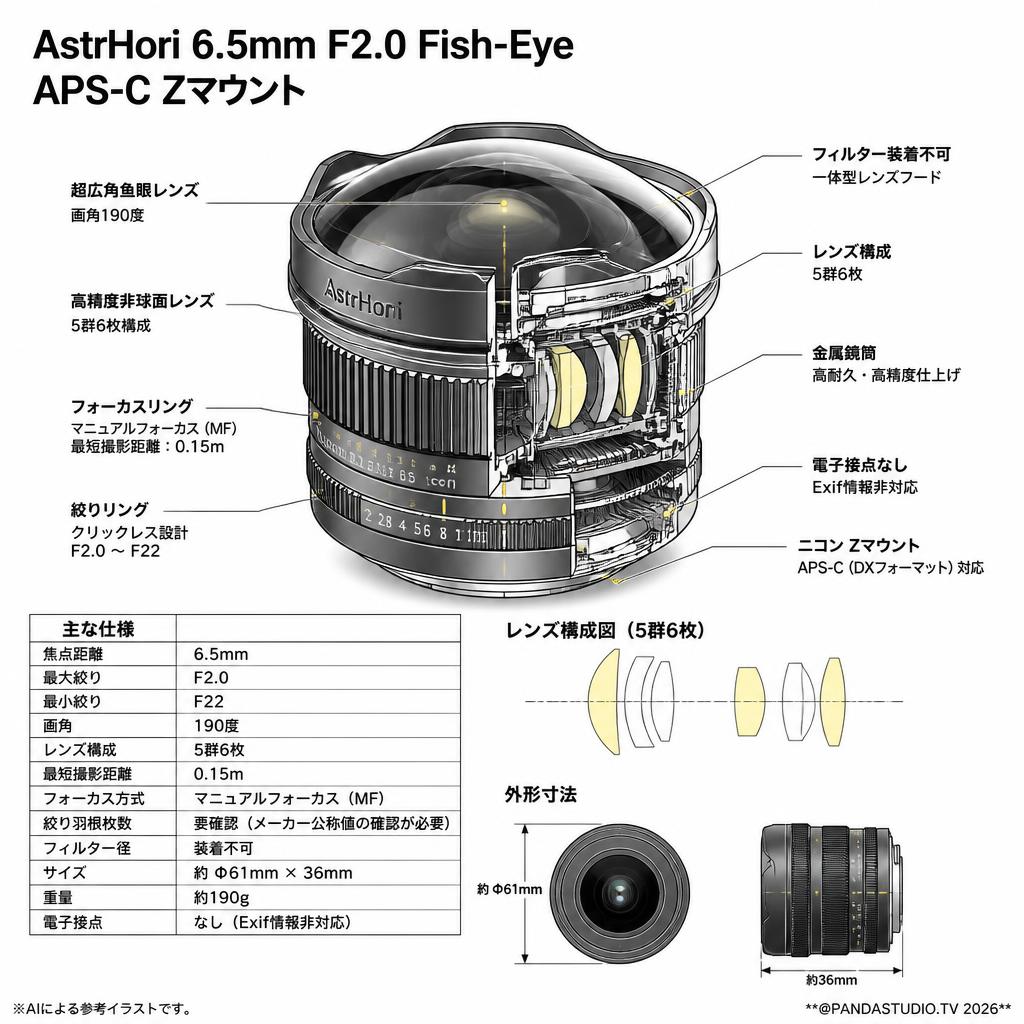 AstrHori 6.5mm F2.0 Fish-Eye APS-C Zマウント スペック