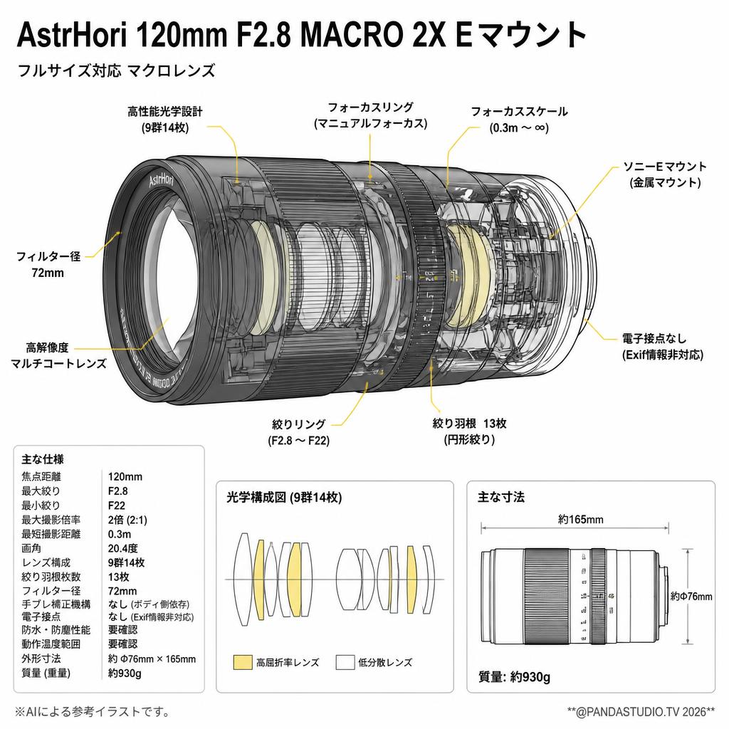 AstrHori 120mm F2.8 MACRO 2X Eマウント スペック