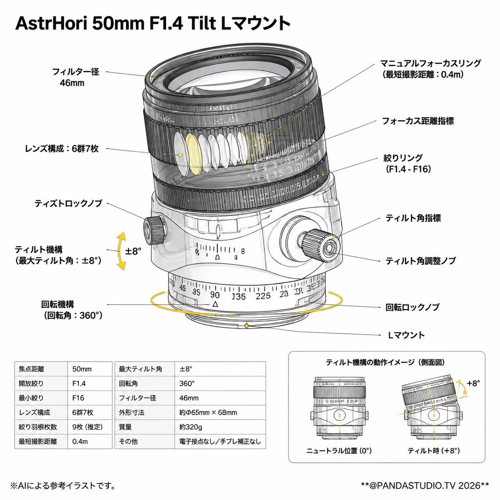AstrHori 50mm F1.4 Tilt Lマウント スペック