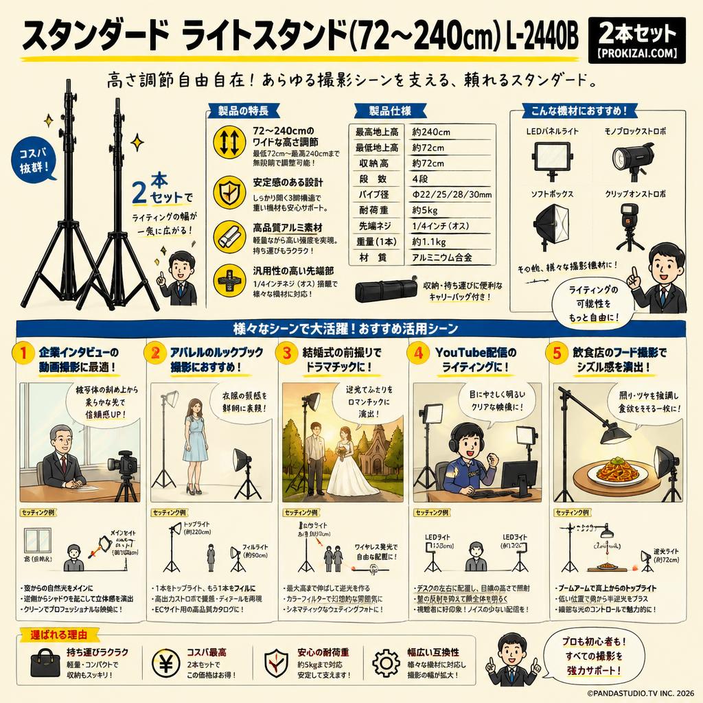 スタンダード ライトスタンド(72～240cm) L-2440B 2本セット【PROKIZAI.COM】 用途