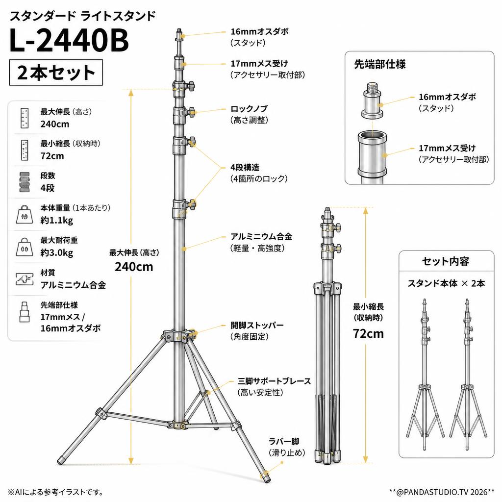 スタンダード ライトスタンド(72～240cm) L-2440B 2本セット【PROKIZAI.COM】 スペック