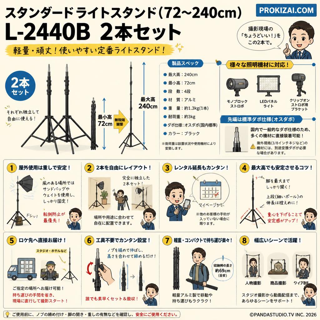 スタンダード ライトスタンド(72～240cm) L-2440B 2本セット【PROKIZAI.COM】 FAQ（よくある質問と答え）