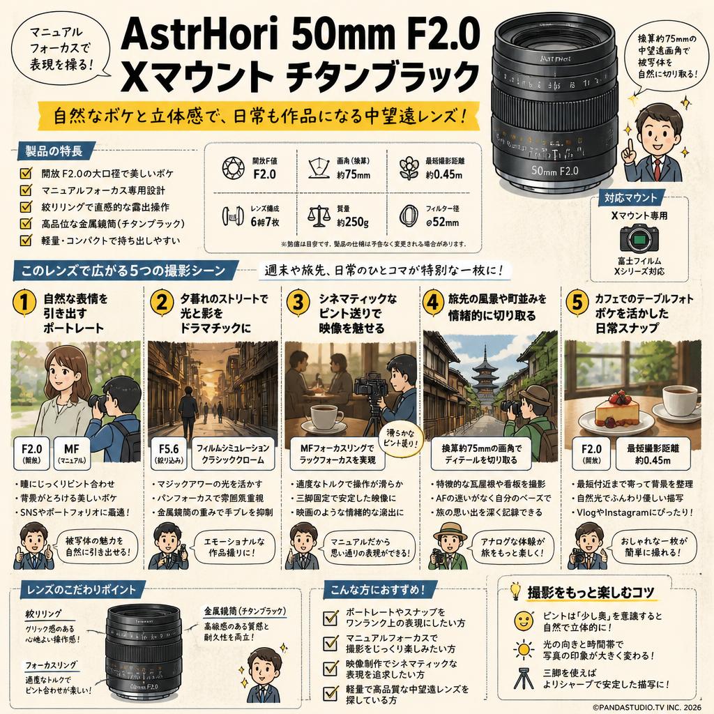 AstrHori 50mm F2.0 Xマウント チタンブラック 用途