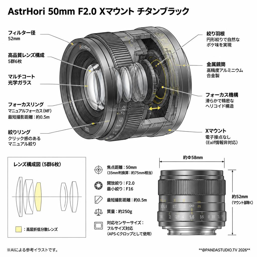 AstrHori 50mm F2.0 Xマウント チタンブラック スペック