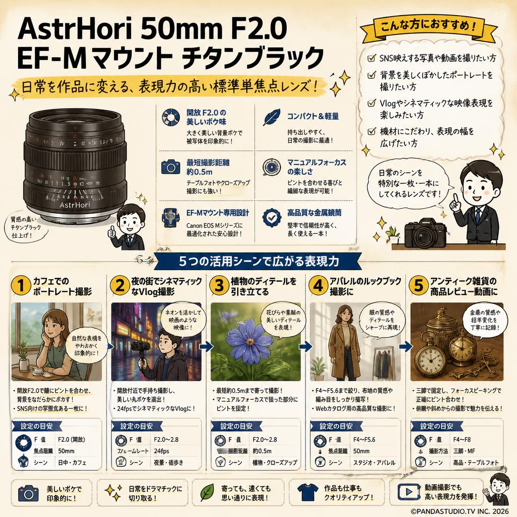 AstrHori 50mm F2.0 EF-Mマウント チタンブラック 用途
