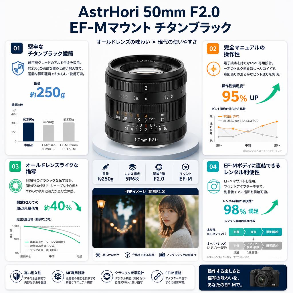 AstrHori 50mm F2.0 EF-Mマウント チタンブラック セールスポイント
