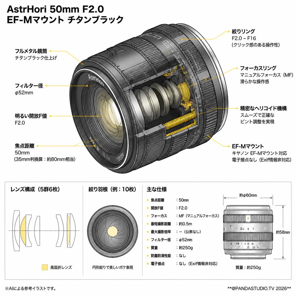 AstrHori 50mm F2.0 EF-Mマウント チタンブラック スペック