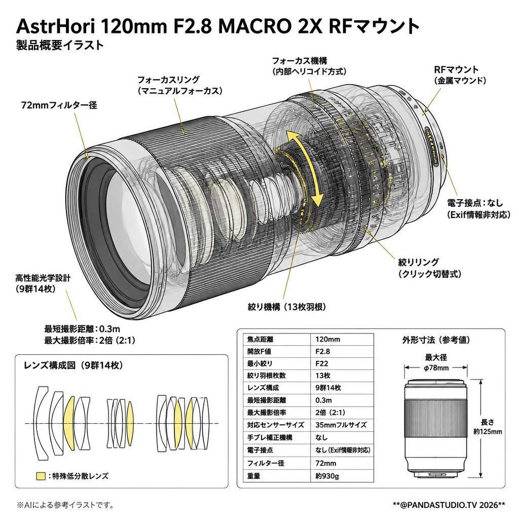 AstrHori 120mm F2.8 MACRO 2X RFマウント スペック