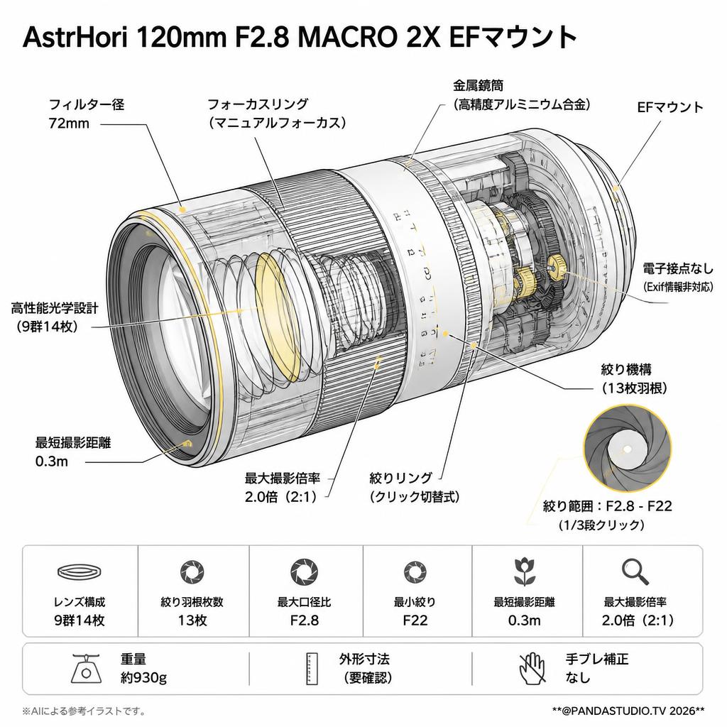 AstrHori 120mm F2.8 MACRO 2X EFマウント スペック