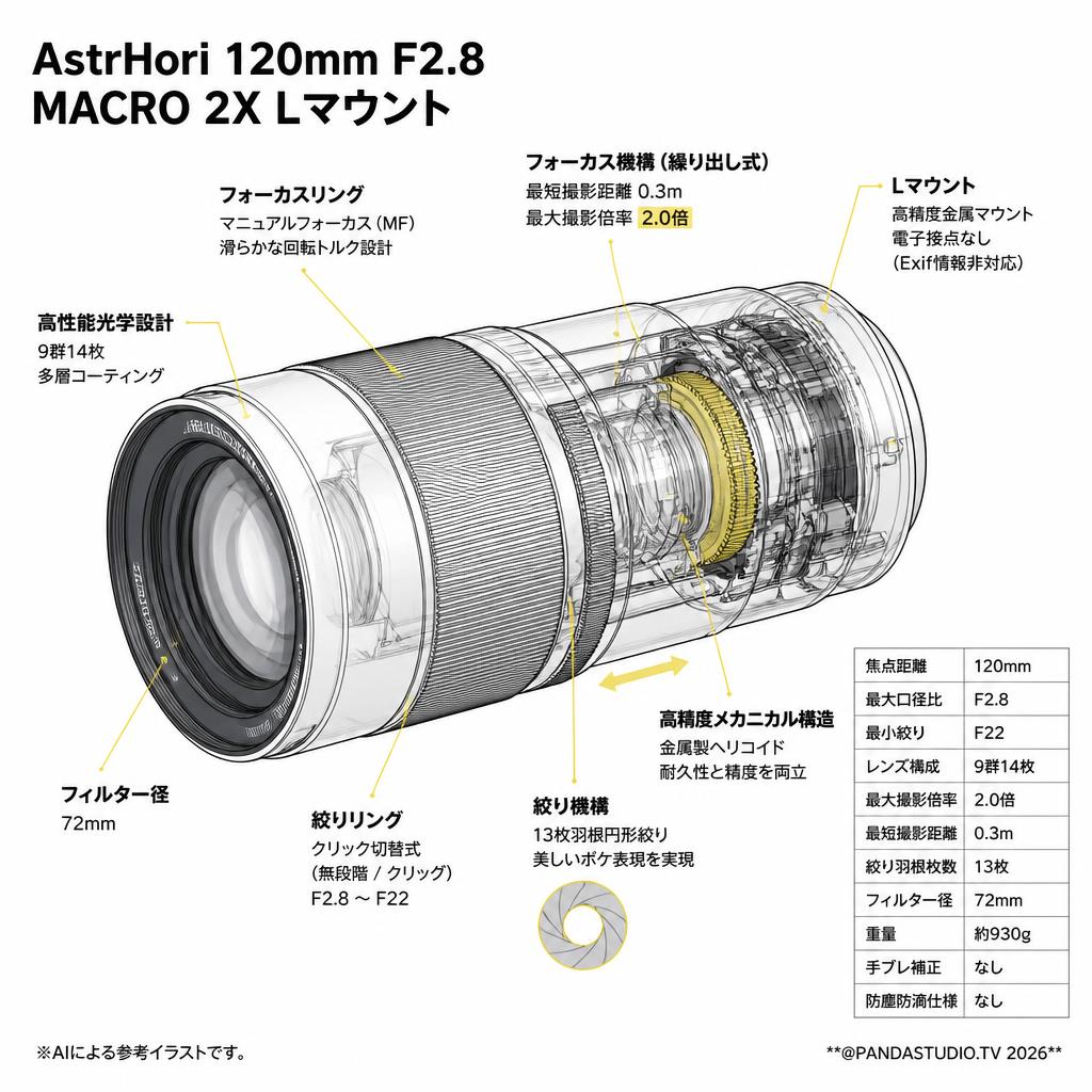 AstrHori 120mm F2.8 MACRO 2X Lマウント スペック
