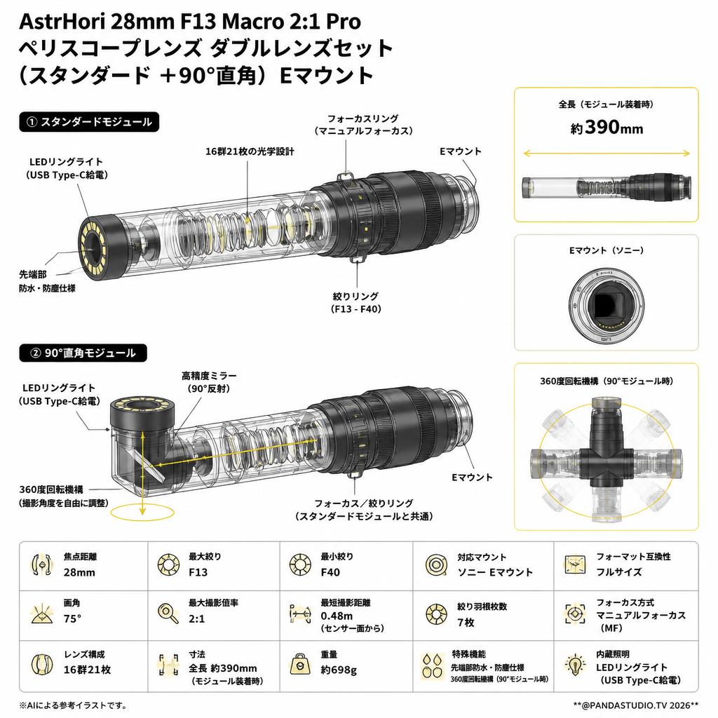 AstrHori 28mm F13 Macro 2:1 Pro ペリスコープレンズ ダブルレンズセット (スタンダード ＋90°直角）Eマウント スペック