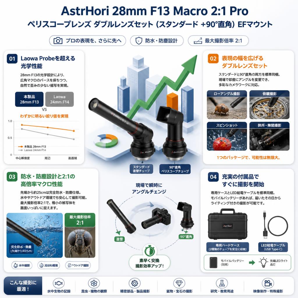 AstrHori 28mm F13 Macro 2:1 Pro ペリスコープレンズ ダブルレンズセット (スタンダード ＋90°直角）EFマウント セールスポイント
