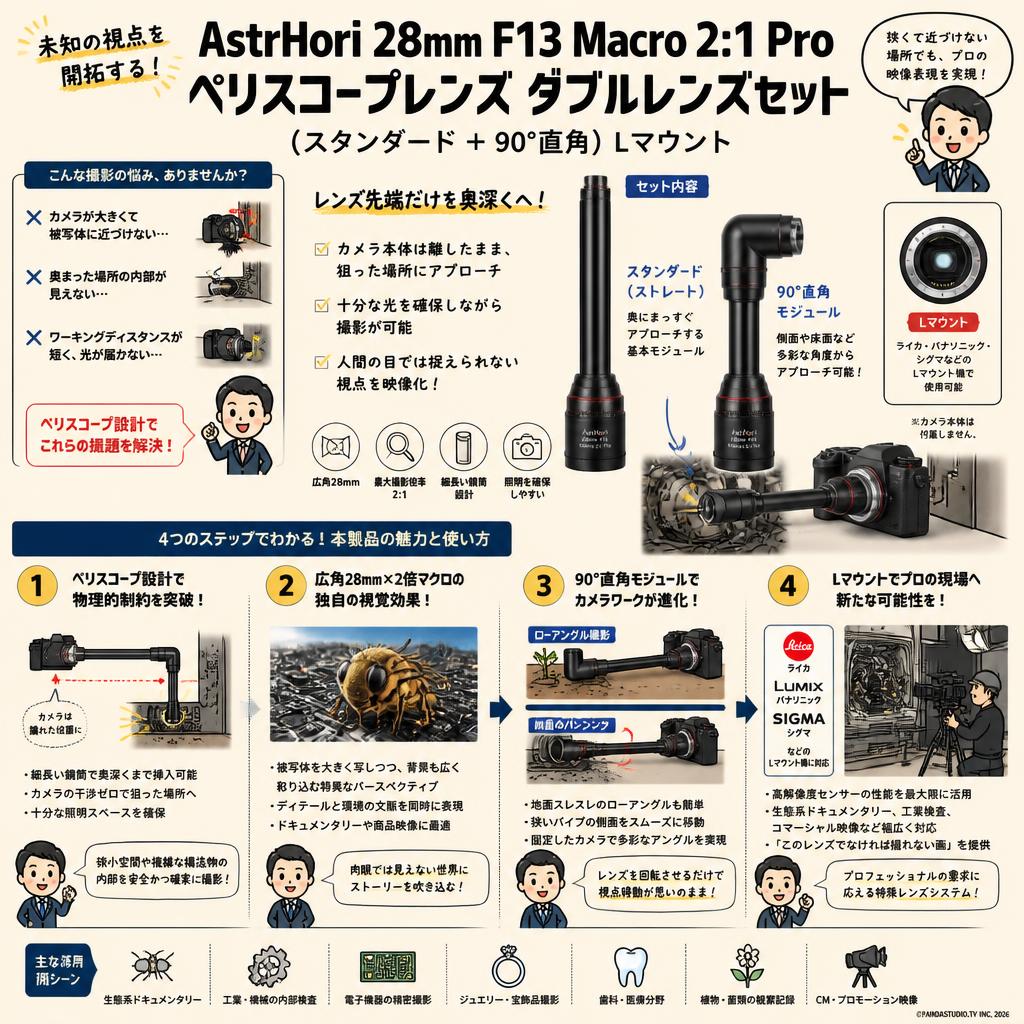 AstrHori 28mm F13 Macro 2:1 Pro ペリスコープレンズ ダブルレンズセット (スタンダード ＋90°直角）Lマウント 概要