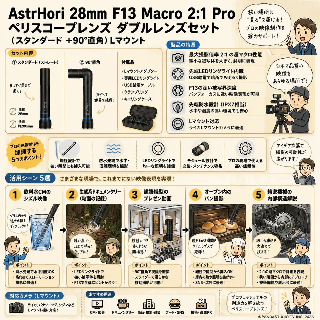 AstrHori 28mm F13 Macro 2:1 Pro ペリスコープレンズ ダブルレンズセット (スタンダード ＋90°直角）Lマウント 用途