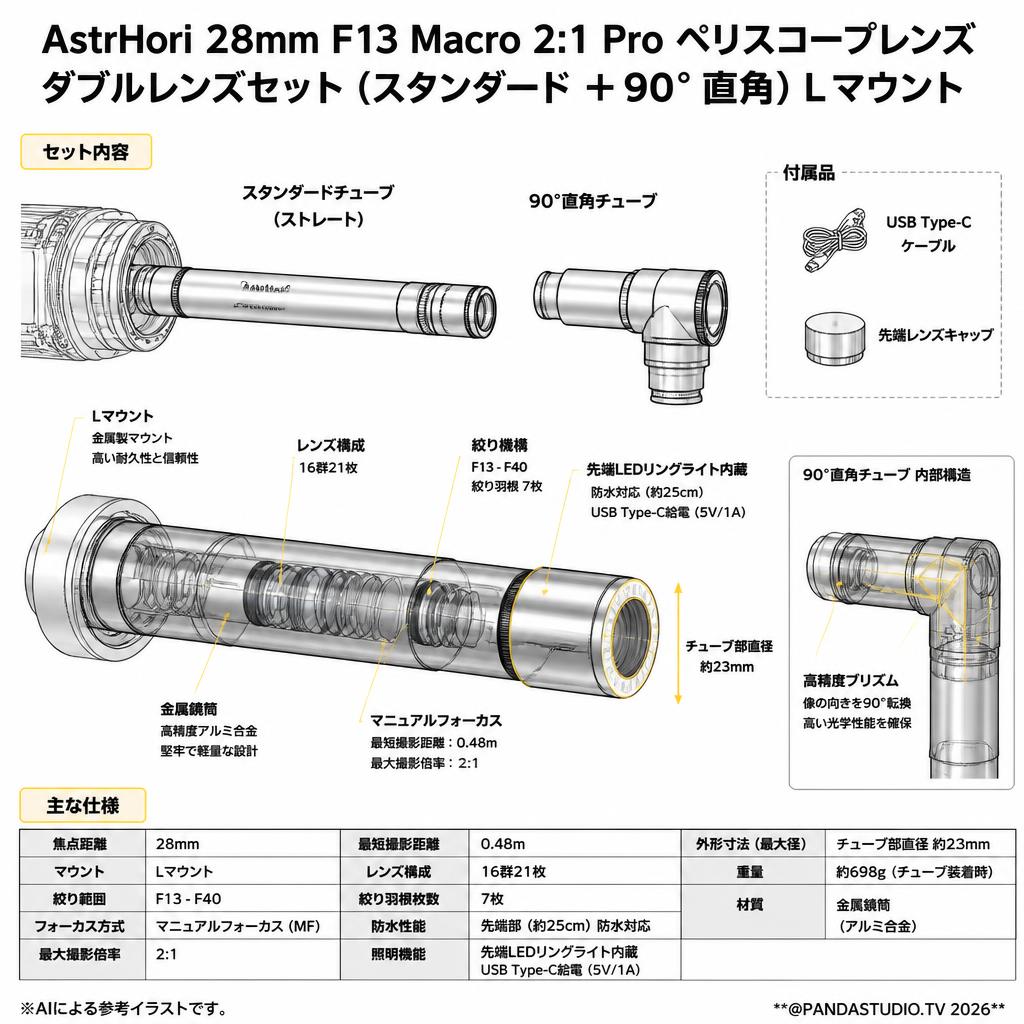 AstrHori 28mm F13 Macro 2:1 Pro ペリスコープレンズ ダブルレンズセット (スタンダード ＋90°直角）Lマウント スペック