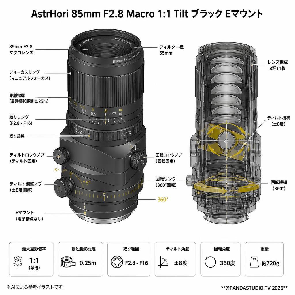 AstrHori 85mm F2.8 Macro 1:1 Tilt ブラック Eマウント スペック