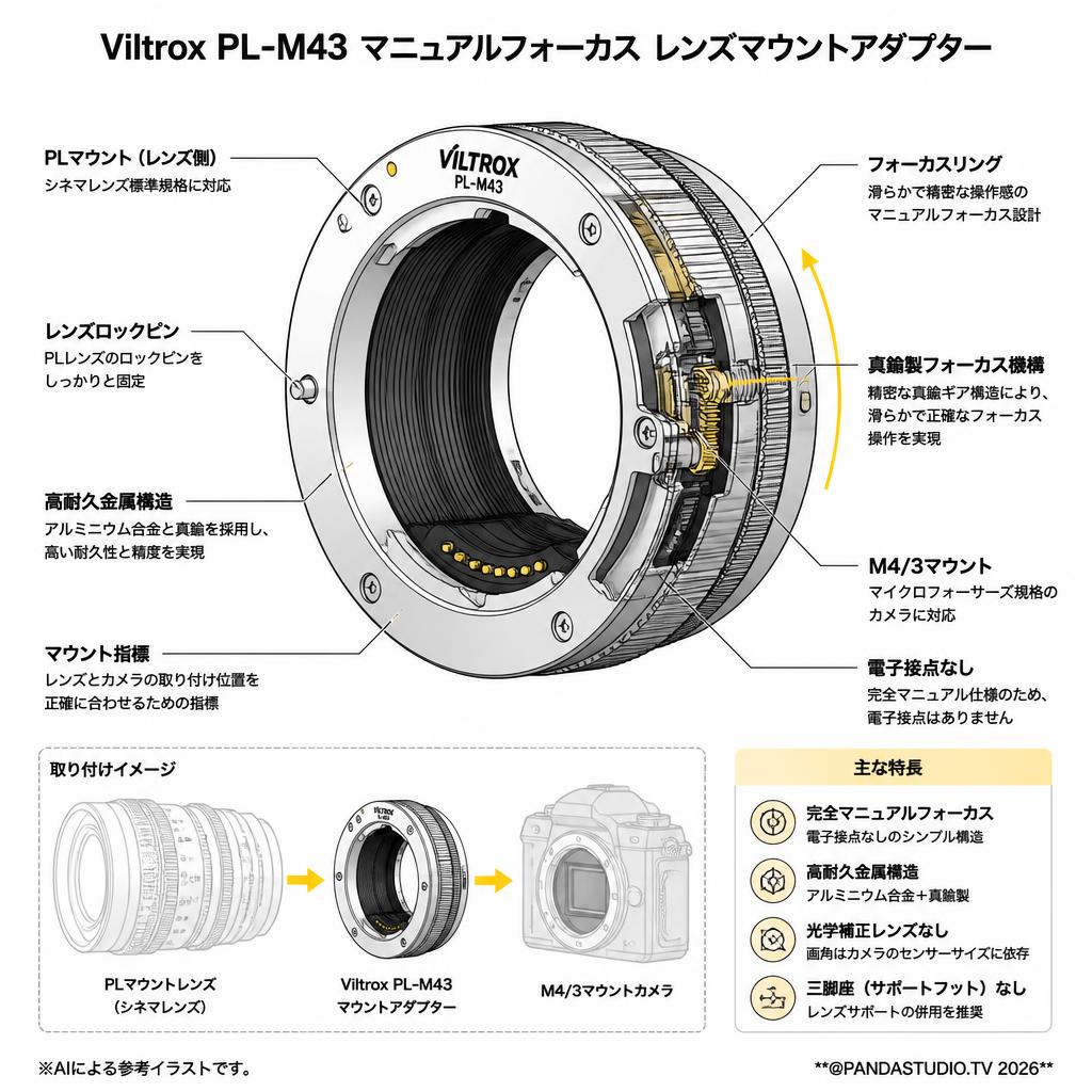 Viltrox PL-M43 マニュアルフォーカス レンズマウントアダプター スペック