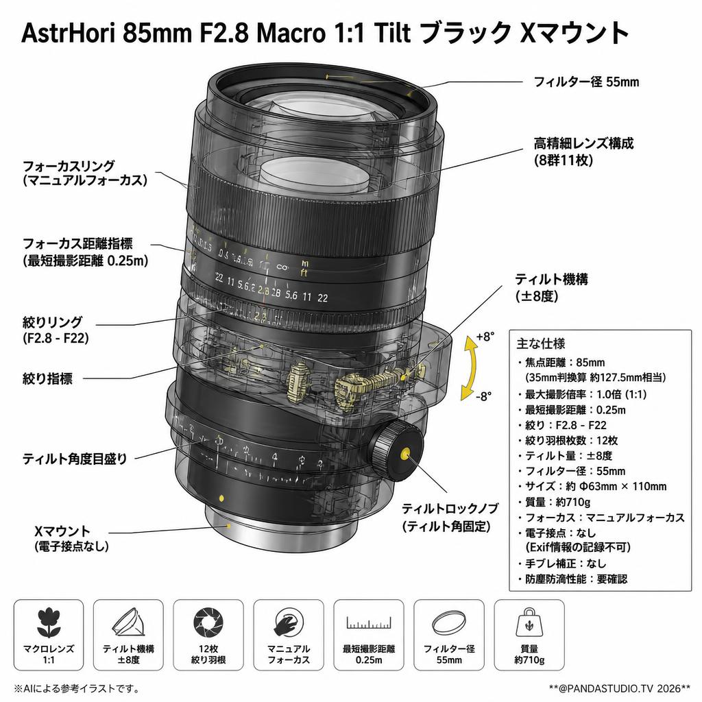AstrHori 85mm F2.8 Macro 1:1 Tilt ブラック Xマウント スペック