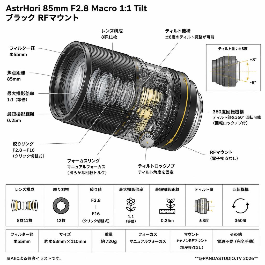 AstrHori 85mm F2.8 Macro 1:1 Tilt ブラック RFマウント スペック