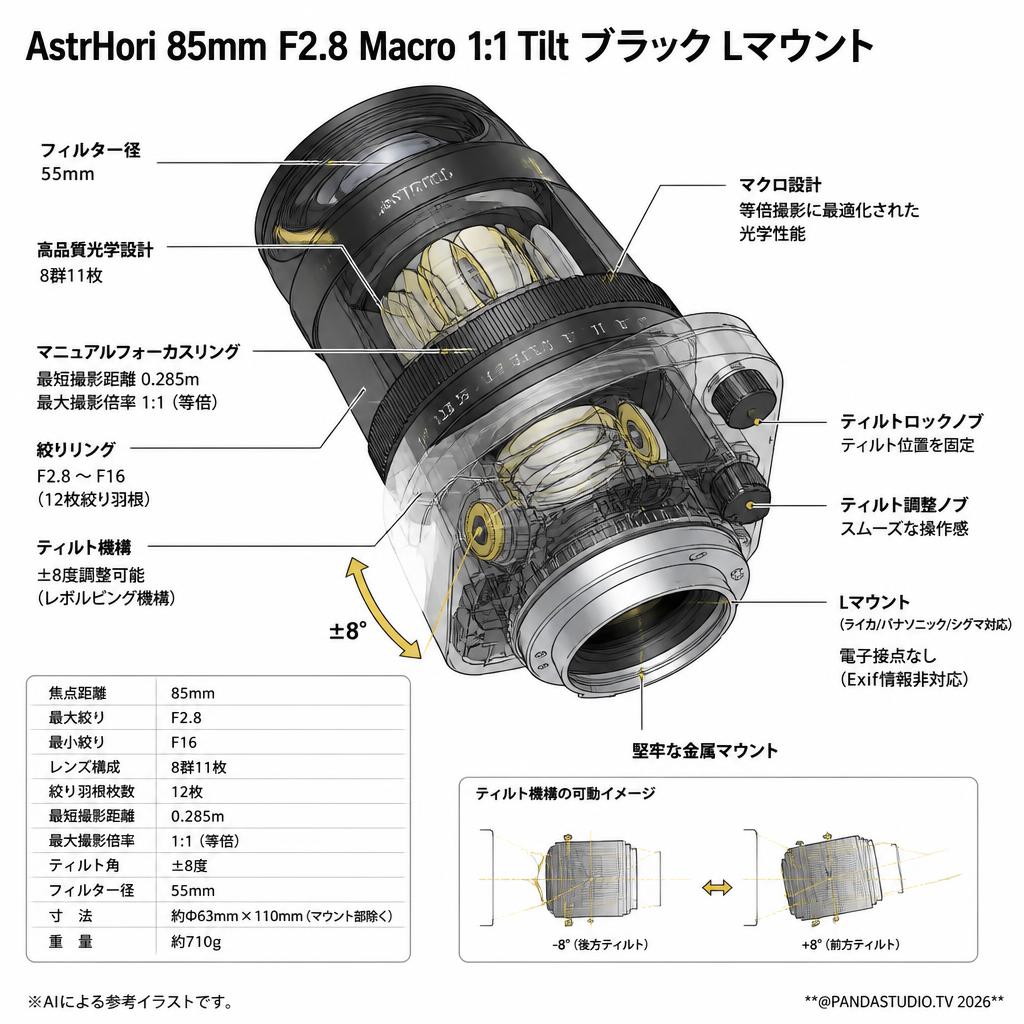 AstrHori 85mm F2.8 Macro 1:1 Tilt ブラック Lマウント スペック