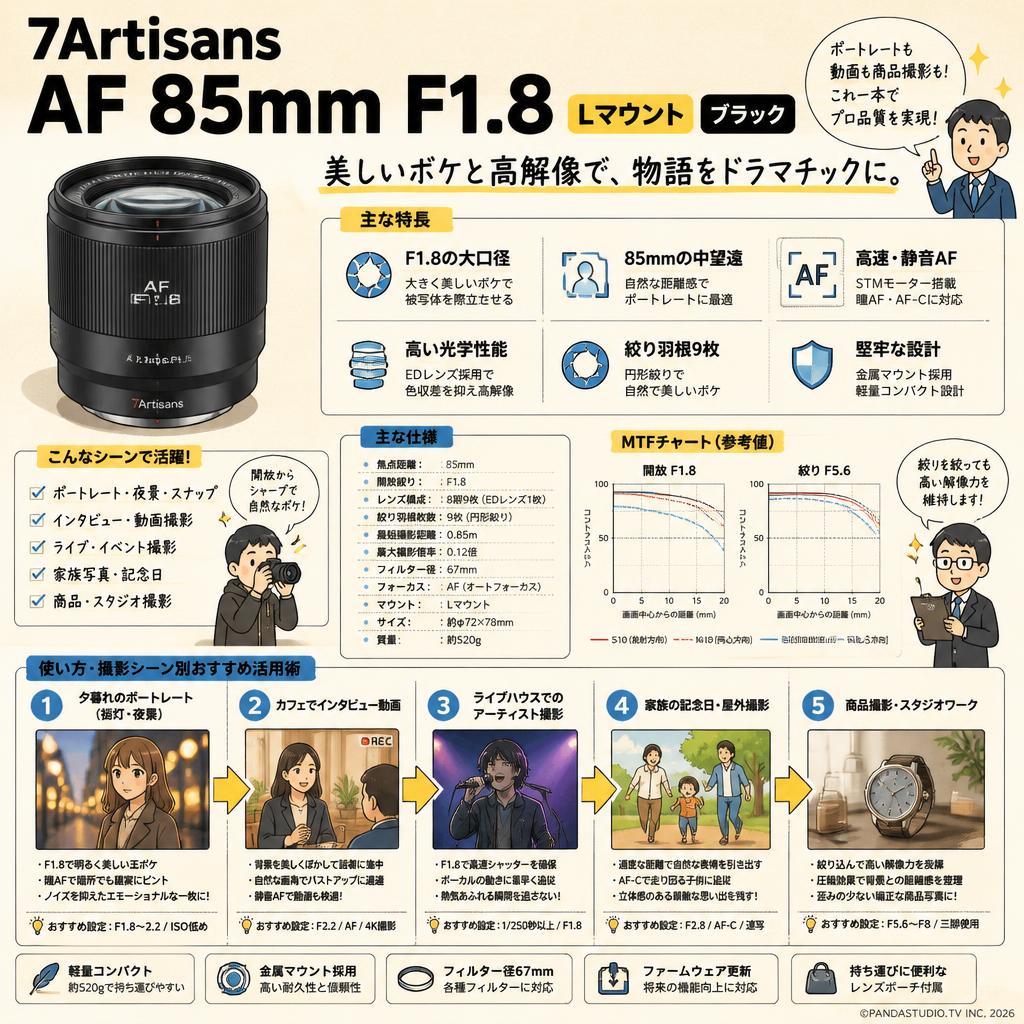 7Artisans  AF 85mm F1.8 Lマウント ブラック 用途